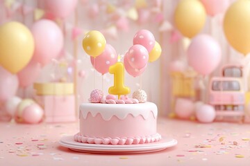 Celebration with a pink cake and colorful balloons for a first birthday party