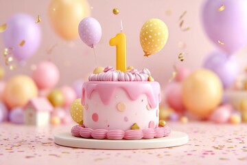 Colorful birthday cake with decorations and balloons for a child's first birthday celebration