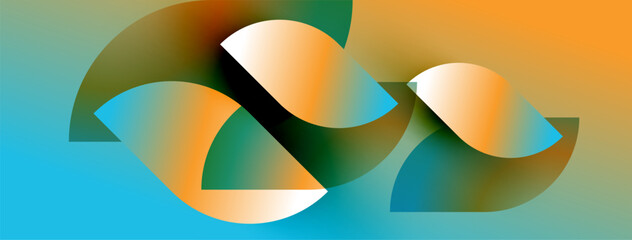 Abstract shapes blend orange, teal, green hues. Fluid forms suggest movement, dynamic composition. Soft gradients create depth, visual interest.
