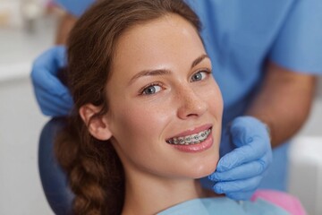 Smiling girl in dental chair receiving braces adjustment at the orthodontist office in the afternoon