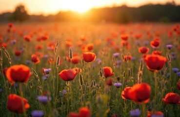 Field of red poppies and blue cornflowers in warm sunset light. Beautiful nature scenery with wildflowers blooming. Atmospheric summer meadow landscape. Rural countryside scene with flowers.