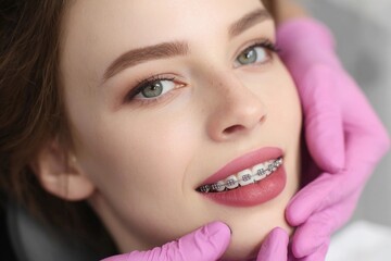 Young woman smiles during dental appointment with orthodontist in dental clinic