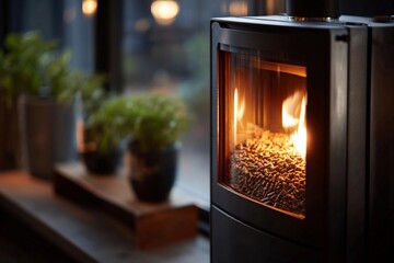 Fire burns in a stove beside plants on a wooden shelf in a room with large windows during evening