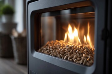 Wood pellets burning in a fireplace with a modern design during winter evening inside a cozy home