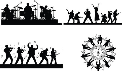 Music band silhouettes performing on stage with orchestra artists showing concert entertainment and sound rhythm energy © Hanif World