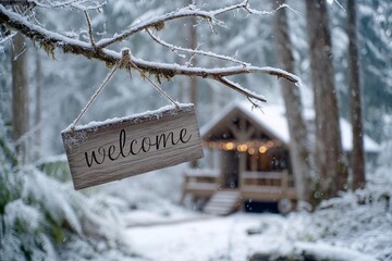 Wooden welcome sign hangs from tree in snowy forest near a cozy cabin during winter season with snow falling around