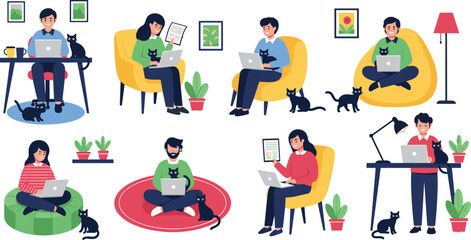 People working from home with laptops and cats illustration set showing remote work lifestyle, freelance jobs, cozy home office scenes