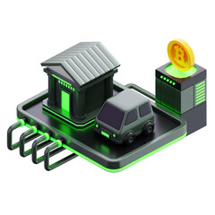 3D Cryptocurrency Finance with Bitcoin Bank and Car Illustration
