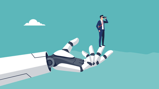 Businessman standing on robotic hand looking into the future with binoculars
