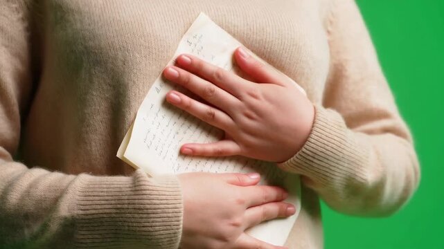 Close-up of a Person Holding an Old Handwritten Letter Close to Their Chest on a Green Screen Background