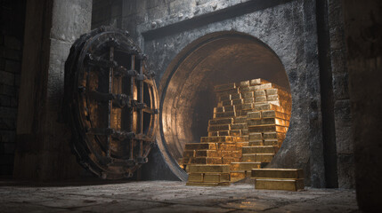 Treasure discovery event in a dark vault gold bars abundance mystical environment dramatic viewpoint