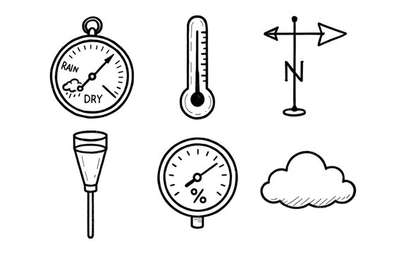 Hand-drawn weather instruments including thermometer, barometer, and wind vane
