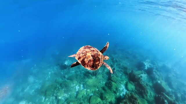 Green sea turtle swimming gracefully underwater, creating an immersive view of marine life near the seabed in the clear blue Caribbean Sea off the coast of Anse Dufour beach of Martinique in France