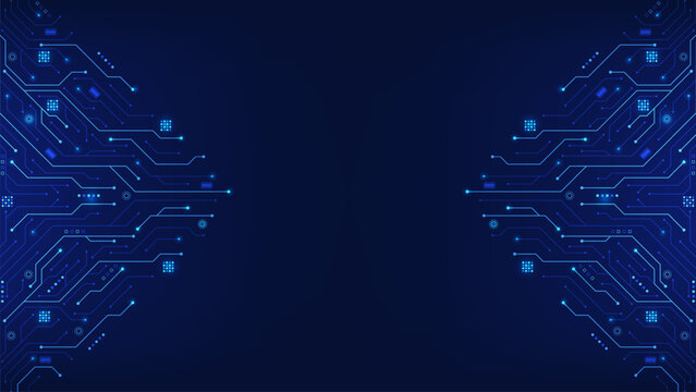 Abstract circuit board background in blue. Technology lines circuit and dots. AI innovation futuristic concept. Motherboard and HTML code. Big data and digital tech. Vector illustration.