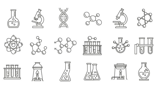 Collection of various science and laboratory icons in outline style on white background