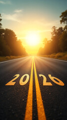 Asphalt Road with Bold 2026 Marking Leading Toward a Golden Sunrise, Symbolizing Future Vision, Progress, Strategic Planning, Long-Term Goals, and Business Growth Journey Ahead