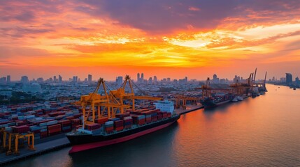 Container ship docked at a port with cranes, loading cargo under a vibrant sunset, representing global trade and logistics