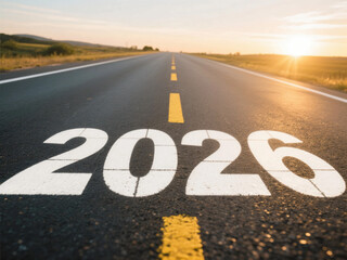 Asphalt Road with Bold 2026 Marking Leading Toward a Golden Sunrise, Symbolizing Future Vision, Progress, Strategic Planning, Long-Term Goals, and Business Growth Journey Ahead