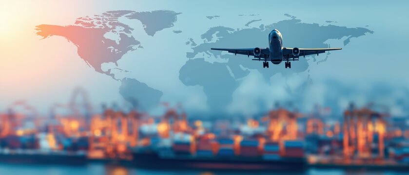 Cargo plane flying over sea port container ships with world map background, illustrating global shipping and trade - Powered by Adobe