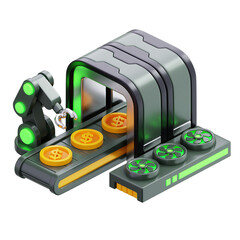 3D Coin Production Assembly Line Illustration