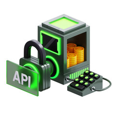 3D API Security with Padlock and Coins Illustration