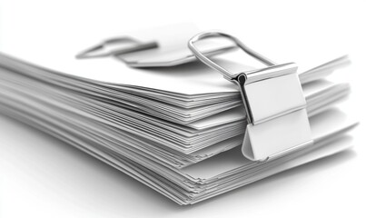 Stack of white paper with metal clip office documents filing concept