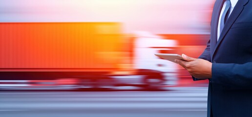 Businessman tracking a moving truck, representing modern digital logistics management, speedy delivery, and global supply chain