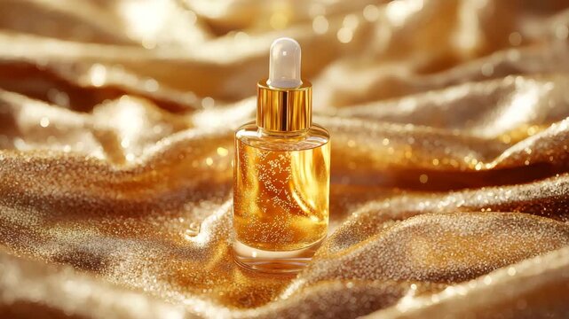 Gold dropper bottle on shiny fabric with sparkles captures attention for beauty and skincare products