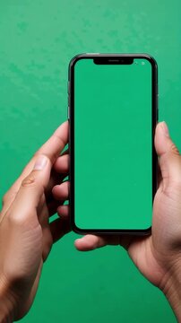 Close-up of Hands Interacting with a Green Screen Smartphone Display for Digital Content Creation and App Development