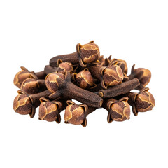 Obraz premium Close-up macro of dark brown, dried whole cloves artfully arranged in a small pile on a transparent background with copy space, showcasing intricate textures, concept of natural culinary ingredients