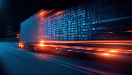 Truck moving fast, processing digital information for global logistics and rapid delivery with binary code overlay and light trails