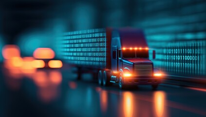 Semi truck trailer filled with binary code, illustrating global data transport and smart logistics solutions