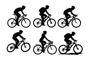Silhouettes of cyclists in various riding positions on bicycles.