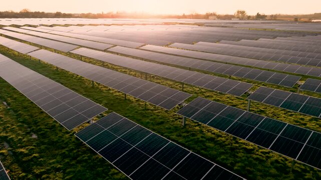 Aerial view of sunlight on rows of solar panels on a solar power farm