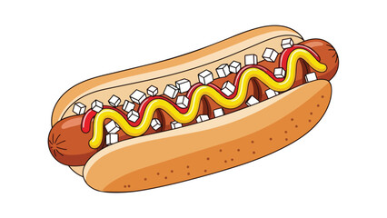 A classic hot dog illustration featuring a grilled frankfurter in a soft bun generously topped with vibrant yellow mustard and crisp white chopped