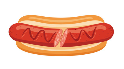 Delicious illustration of a sliced hot dog in a soft bun with sauce