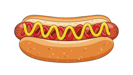 Classic hot dog illustration with grilled sausage, golden bun, yellow mustard, red ketchup. A cheerful depiction of popular fast food snack, perfect