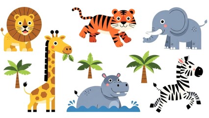 Obraz premium Cute jungle animals cartoon illustration set