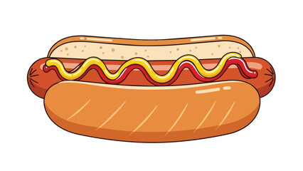 A vivid cartoon hot dog features a plump frankfurter in a golden bun, elegantly drizzled with vibrant yellow mustard and rich red ketchup, embodying