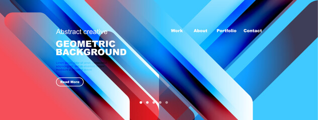 Dynamic background features vibrant gradients, geometric shapes, text elements. Navigation menu present, modern design aesthetic.