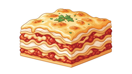A vibrant illustration of a classic layered Italian lasagna with melted cheese and fresh parsley garnish.