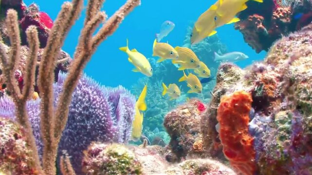 Tropical underwater coral reef with colorful fish and marine life