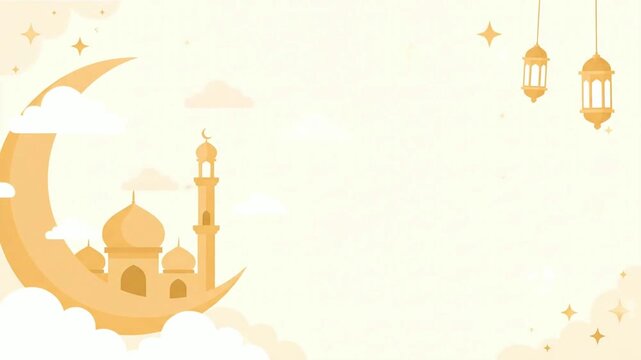 Elegant Islamic Celebration Background with Golden Mosque Silhouette on Crescent Moon, Surrounded by Clouds and Lanterns, Perfect for Ramadan and Eid Mubarak Greetings