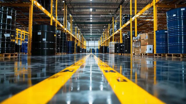 Warehouse interior shows rows of black barrels and shelves during daylight
