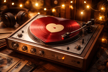Vintage record player with red vinyl heart shaped record