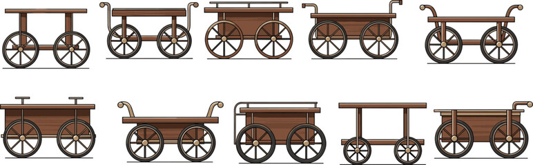Wooden carts with wheels, rustic design, transport trolleys, flatbed carts, compartment carts, handle styles, mobility furniture, vintage utility © Tanzila
