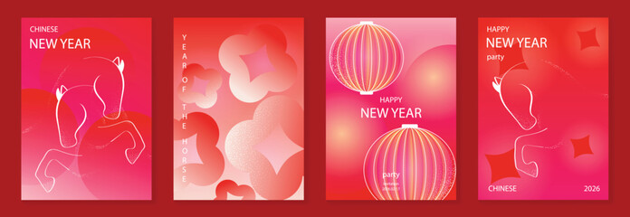 Fototapeta na wymiar Chinese New Year 2026 horse vector greeting card illustration with red lanterns golden ribbons and floral gradient background. Festive lunar new year design for invitation poster banner decoration.