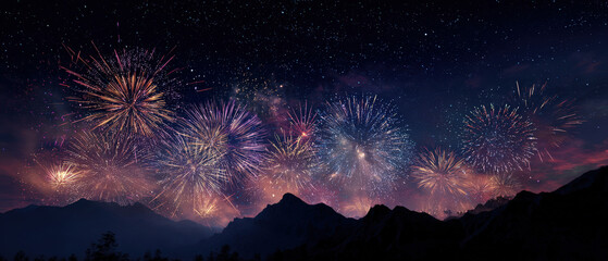 Celebratory fireworks display over mountain landscape night sky spectacular visuals vibrant colors