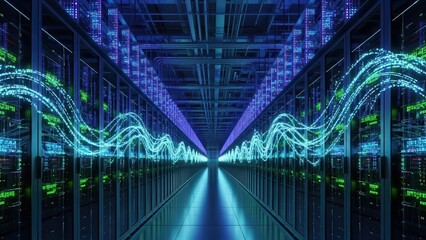 Server room data flow with blue and green digital waves in futuristic lighting for technology background.