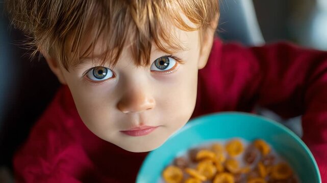 Close-up portrait of a young boy with striking blue eyes eating cereal